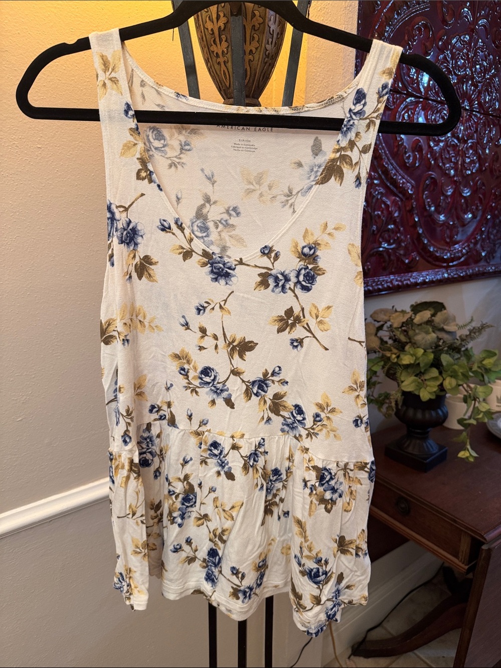 American Eagle Outfitters White Tank Top with Blue and Gold Floral Print